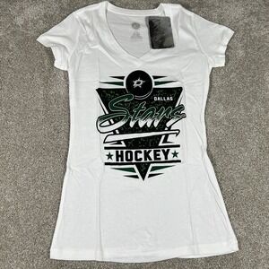 Dallas Stars Women's T-Shirt White V-Neck Large NHL Hockey Graphic‎ Tee NWT
